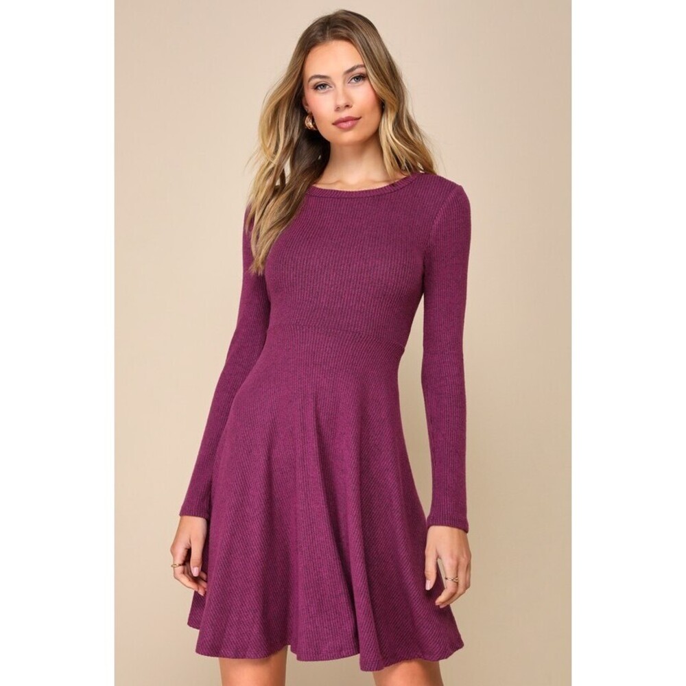 Lulus Fit And Fair Mauve Purple Ribbed Knit Long Sleeve Skater Dress - Size S